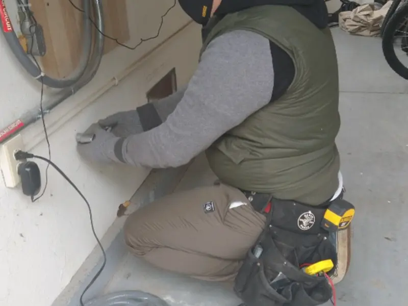 Electrician performing outlet wiring in a California garage